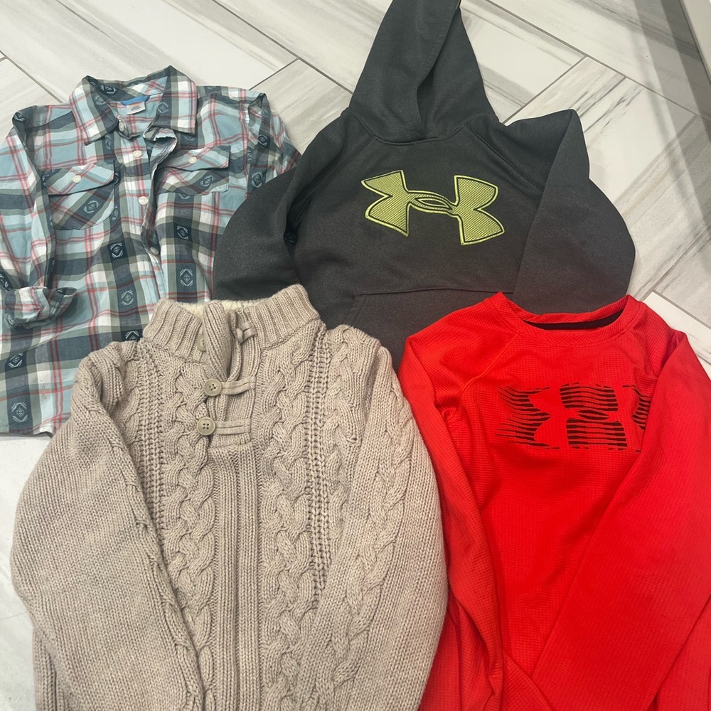 Bundle Under Armour sweatshirt, cable knit shirt, plaid shirt